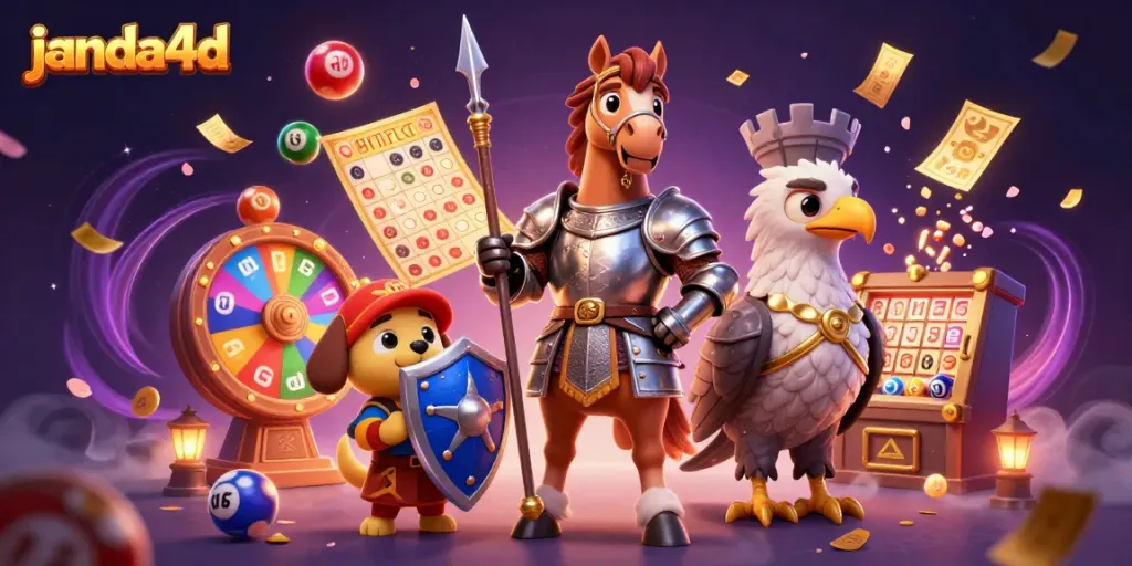 Visualisasi permainan judi janda4d yang menarik dengan bola lotere berwarna dan karakter 3D yang dinamis.