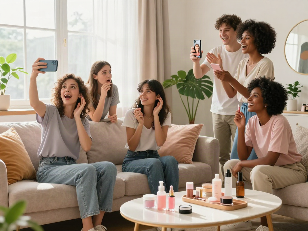 Group of young adults discovering how old do I look with an age prediction app in a bright living room.