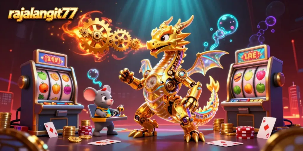 Visualisasi permainan kasino rajalangit77 dengan naga emas dan elemen slot yang menarik.