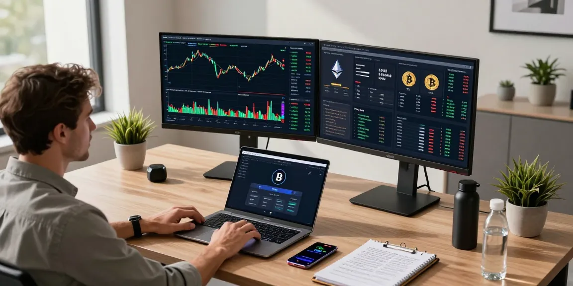 Cricbet99 trading setup featuring cryptocurrency charts and a digital wallet interface in a modern office