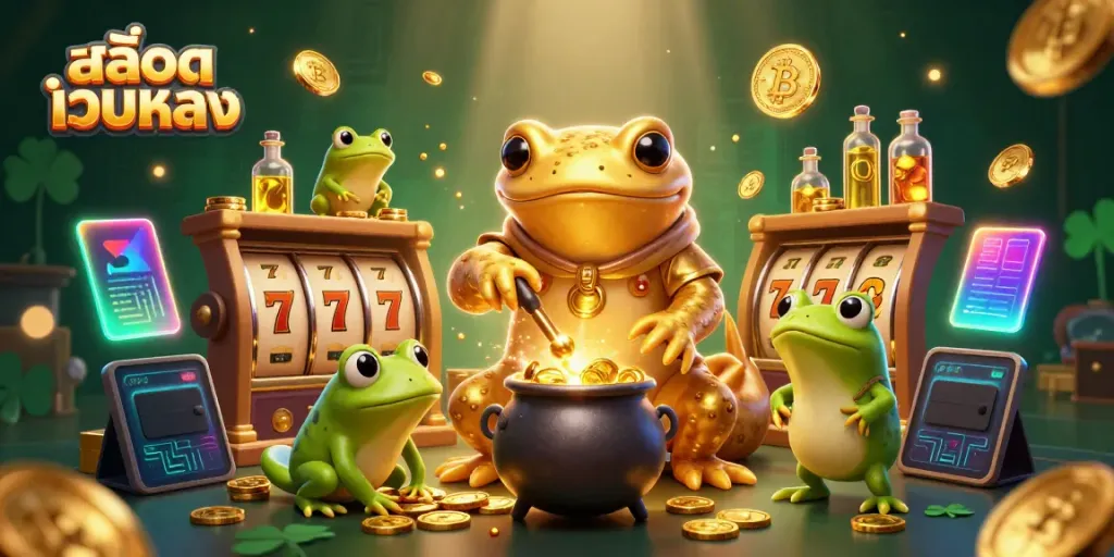 Engage with สล็อตเว็บตรง in a lively 3D illustration featuring a golden salamander alchemist and captivating casino elements.