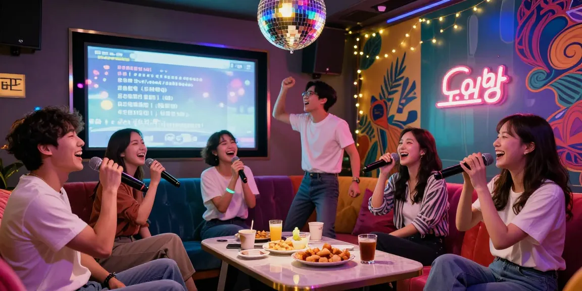 Friends singing together at 강남노래방, vibrant lighting and festive atmosphere.