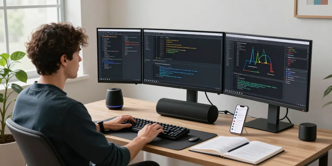 Developer creating custom OpenClaw skill in a dynamic workspace with multiple monitors and coding tools.