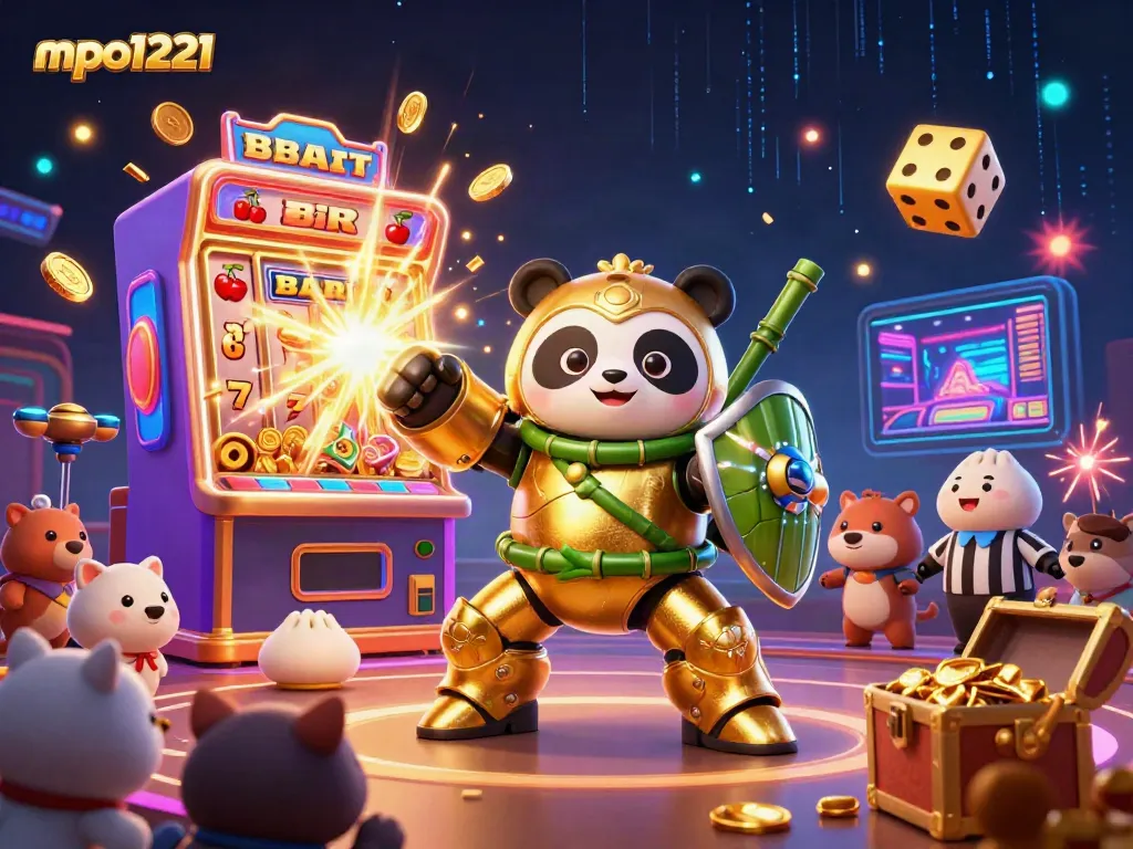 Experience the excitement of mpo1221 with a golden panda and an explosive slot machine in a vibrant arena.