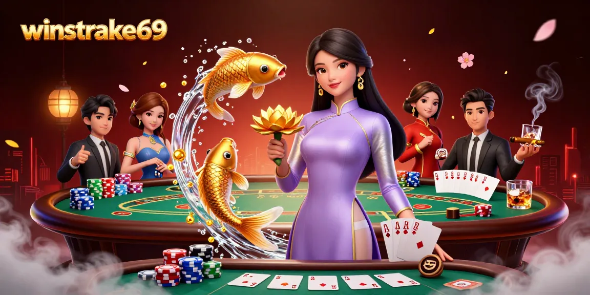 Experience excitement at winstrike69 with a dynamic casino scene featuring poker elements and vibrant characters in action.