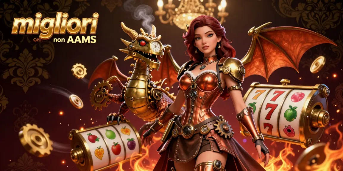 Scene illustrate dei migliori casino non AAMS con donna steampunk, drago meccanico e elementi dinamici delle slot.