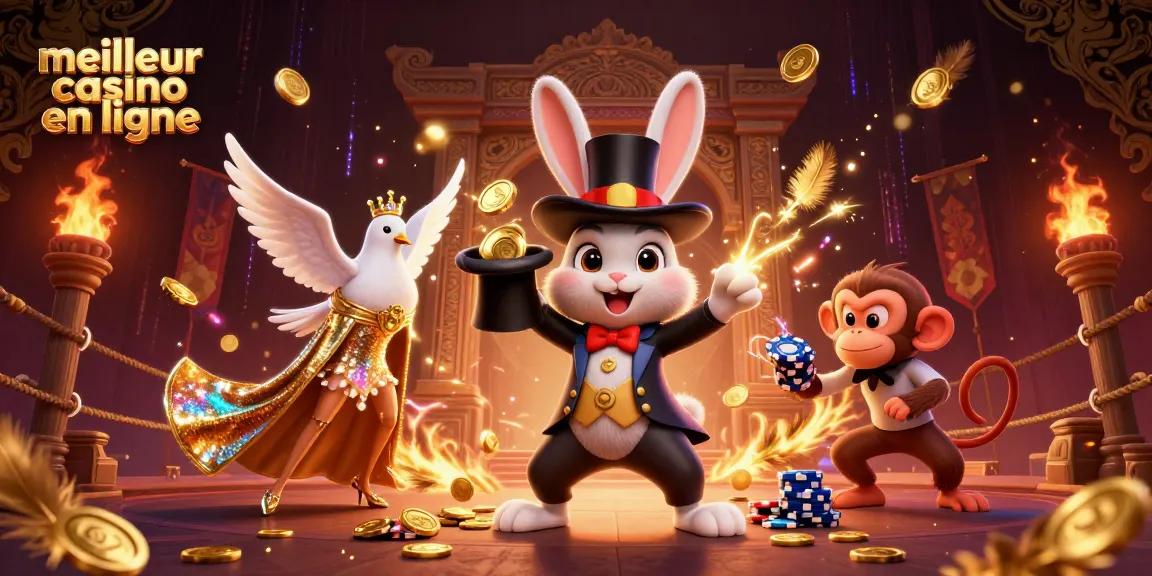 Vivez l'adrénaline au meilleur casino en ligne avec un lapin magicien tirant des pièces d'or et un singe avec un jeton de poker.