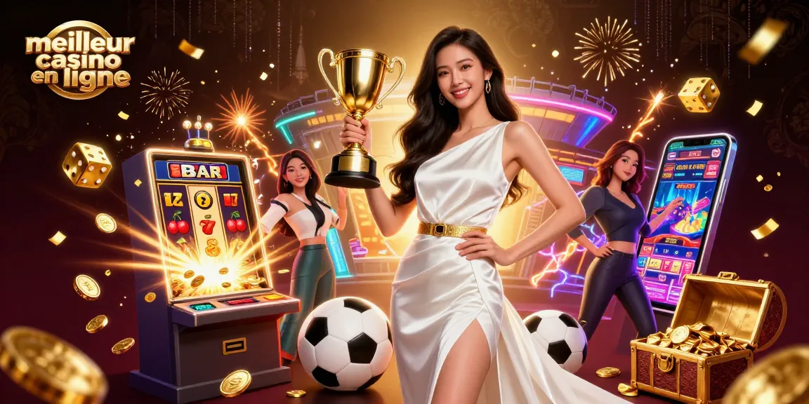 Vivez l'excitation du meilleur casino en ligne avec une scène impressionnante de trophées gagnants et des éléments de paris sportifs vibrants.