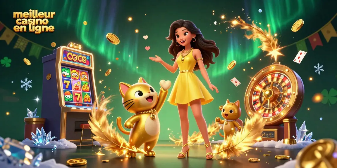 Gagnez gros au meilleur casino en ligne avec une femme joyeuse et une mascotte de chat porte-bonheur.