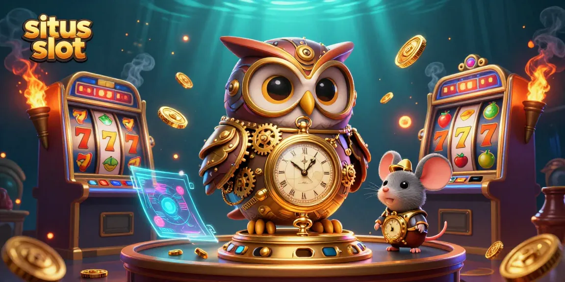 Play on the situs slot with vibrant 3D cartoon characters featuring an owl and mouse amidst a casino jackpot scene.