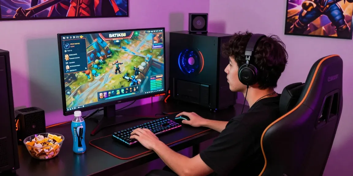 Gamer fokus bermain BATIK88 GACOR dengan suasana ceria dan peralatan modern.