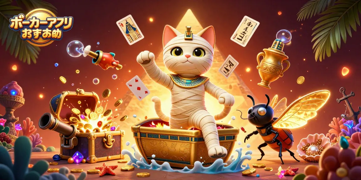 ポーカーアプリ おすすめを体験する3Dイラスト、黄金の墓のミイラ猫とスカラベが登場。