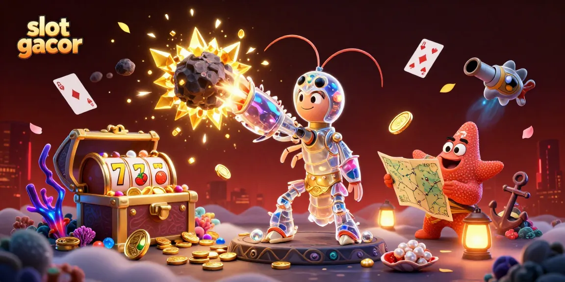 Engage with slot gacor action through vibrant 3D illustration of lucky characters and symbols amidst treasures.