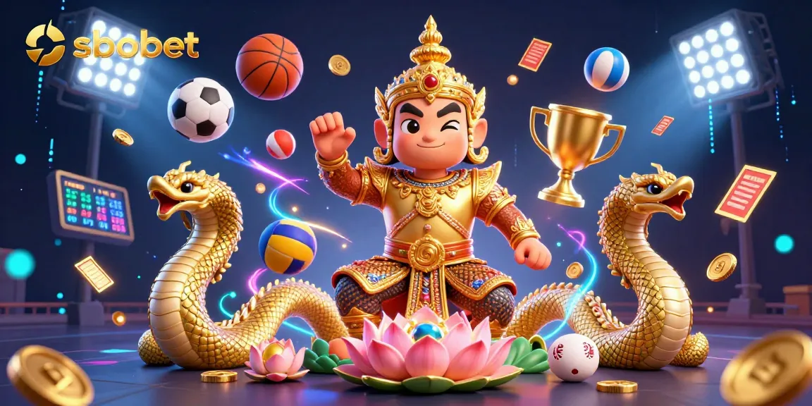 Engage in thrilling sbobet sports betting with a vibrant 3D depiction of a Thai guardian and Naga serpents amid dynamic game elements.