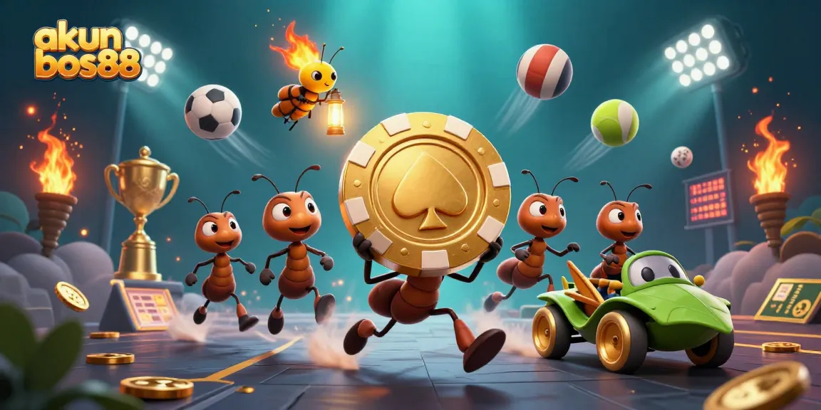 Engage with akun bos88 as playful ants embark on a golden poker chip heist in an animated casino scene.