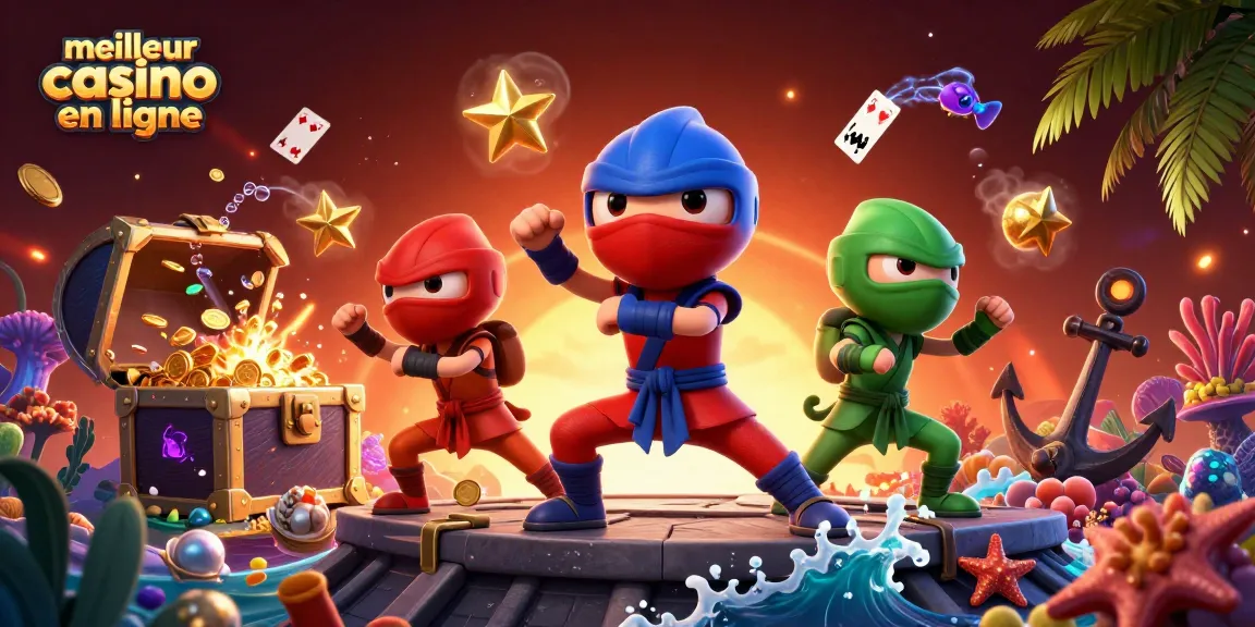 Visualisez le meilleur casino en ligne avec une scène dynamique de ninjas chameaux, cartes flottantes et richesses sous-marines