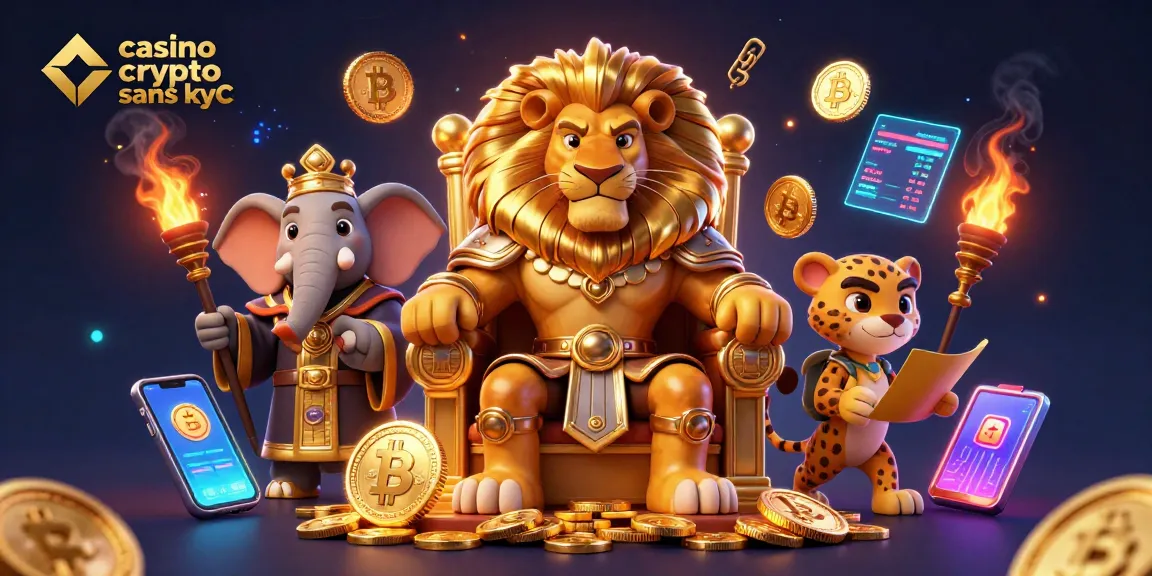 Jouez au casino crypto sans KYC avec des personnages dynamiques, des pièces et des effets lumineux.