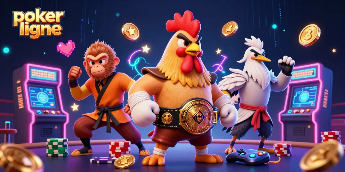 Jouez au poker en ligne à travers une illustration dynamique mettant en avant des personnages en 3D et des éléments de casino.