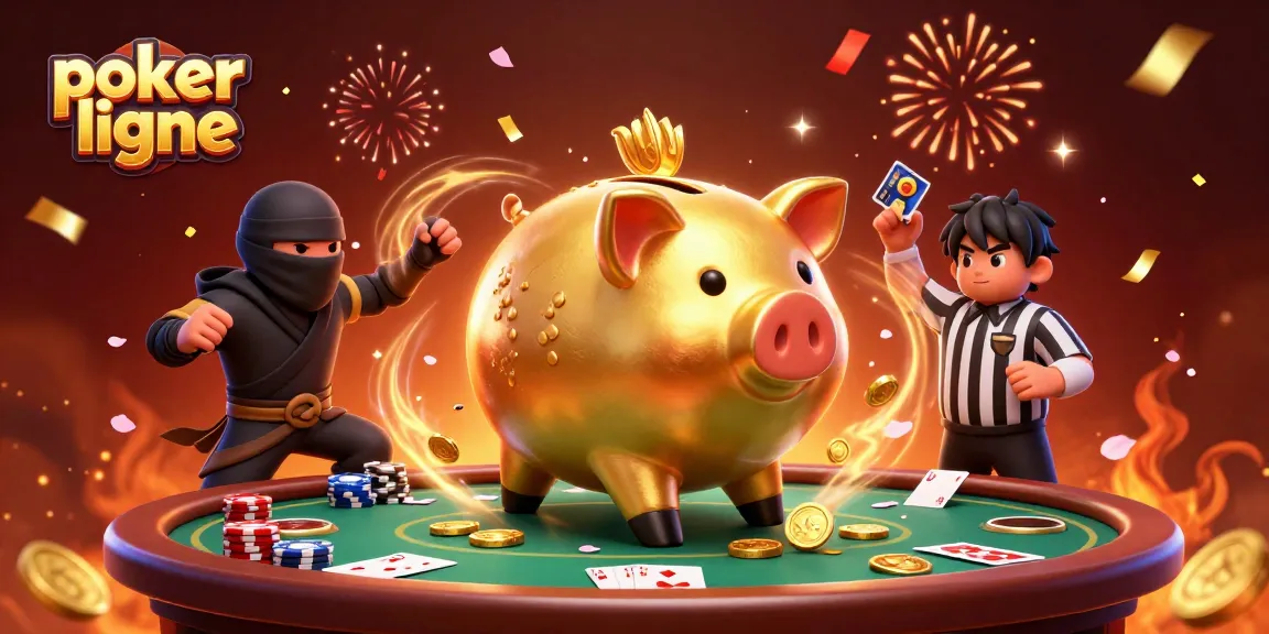 Jouez au poker en ligne avec des personnages illustrés autour d'une table, des jetons et des cartes.