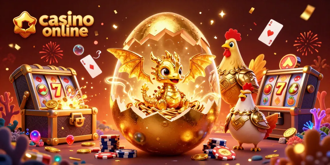 Joacă la casino online cu un dragon de aur și simboluri de păcănele într-o ilustrație captivantă.