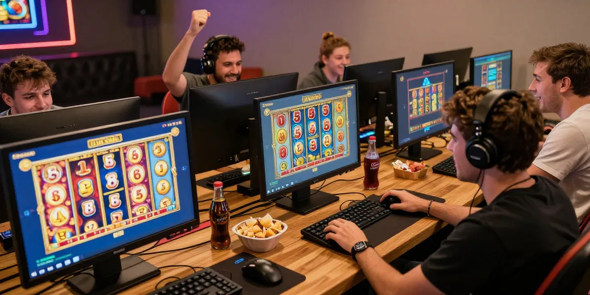 Enthusiastic players enjoying exciting slot games in a vibrant online gaming setup