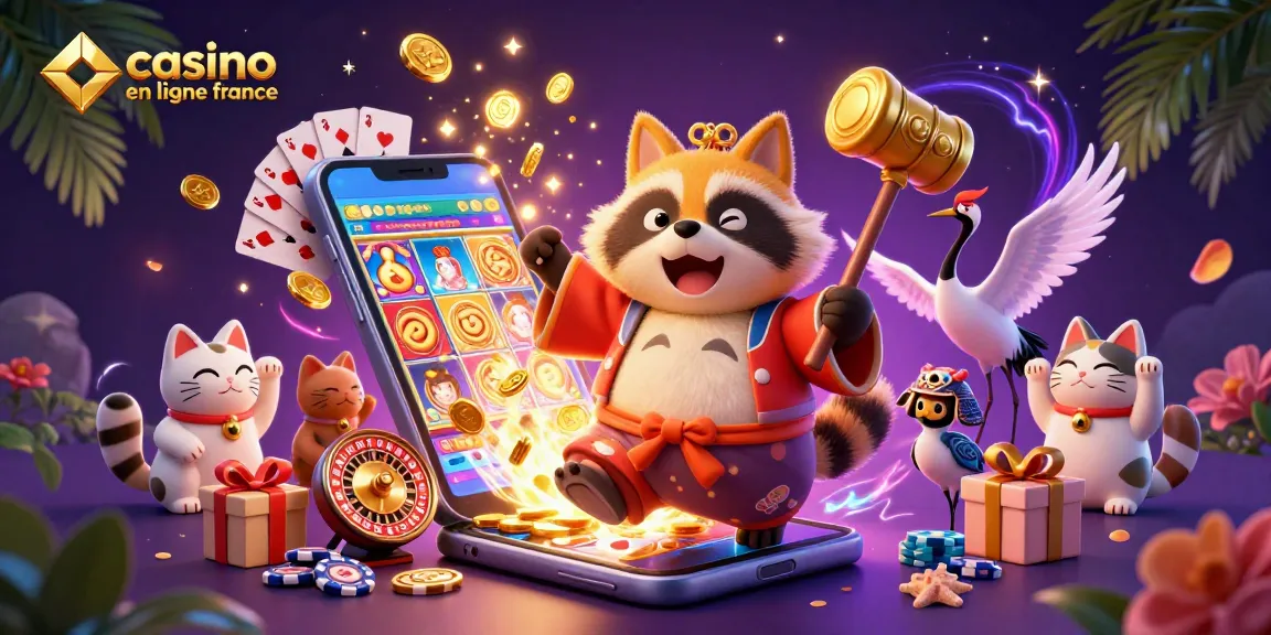 Profitez du jeu au casino en ligne France avec des chats chanceux et un tanuki heureux.