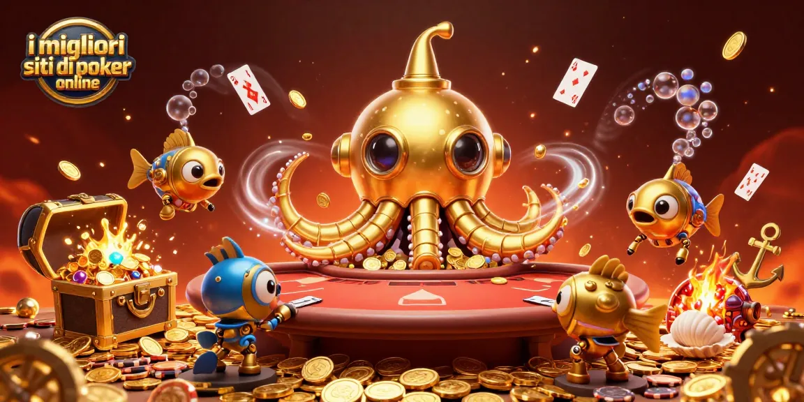 I migliori siti di poker online presentano un'illustrazione spettacolare di un tavolo da poker circondato da un kraken subacqueo e pesci meccanici.
