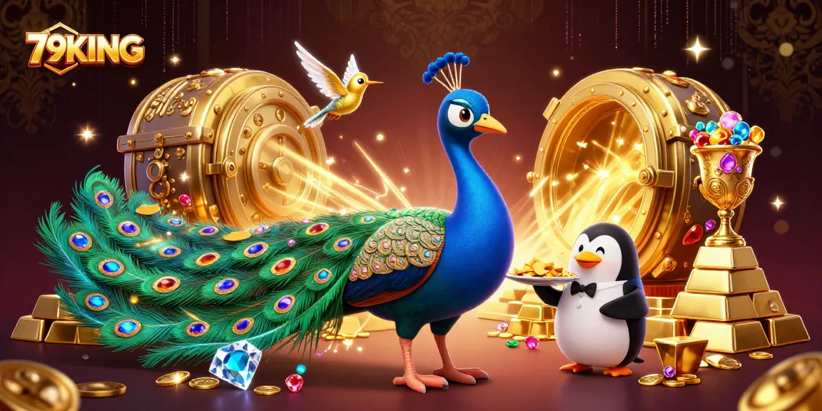 Experience thrilling wins with 79KING as a peacock showcases treasures in an enchanting casino.