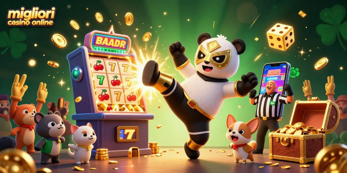 Scopri i migliori casino online mentre un panda campione esegue un calcio volate in un trionfo di giochi d'azzardo.