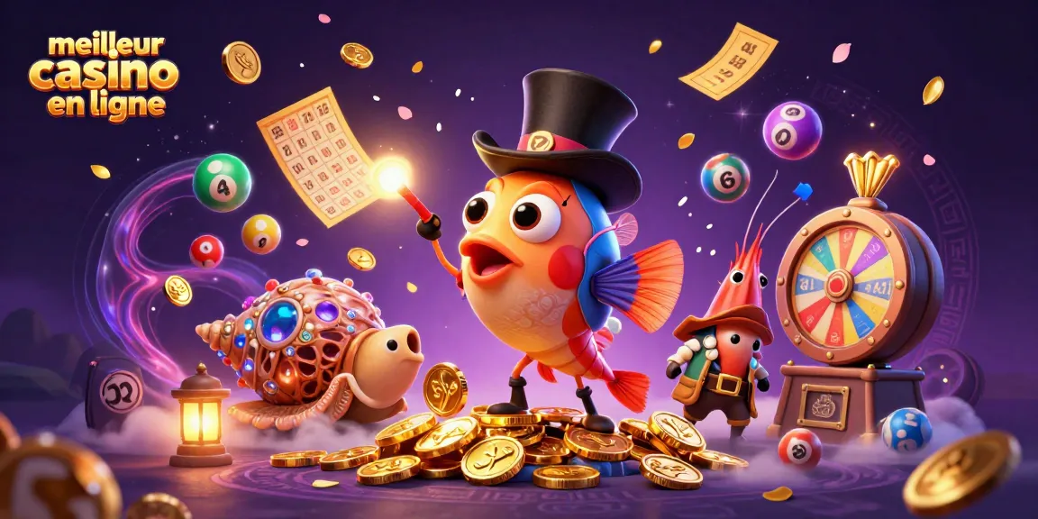 Découvrez le meilleur casino en ligne avec une illustration dynamique d'un poisson avec un chapeau attirant des pièces d'or.