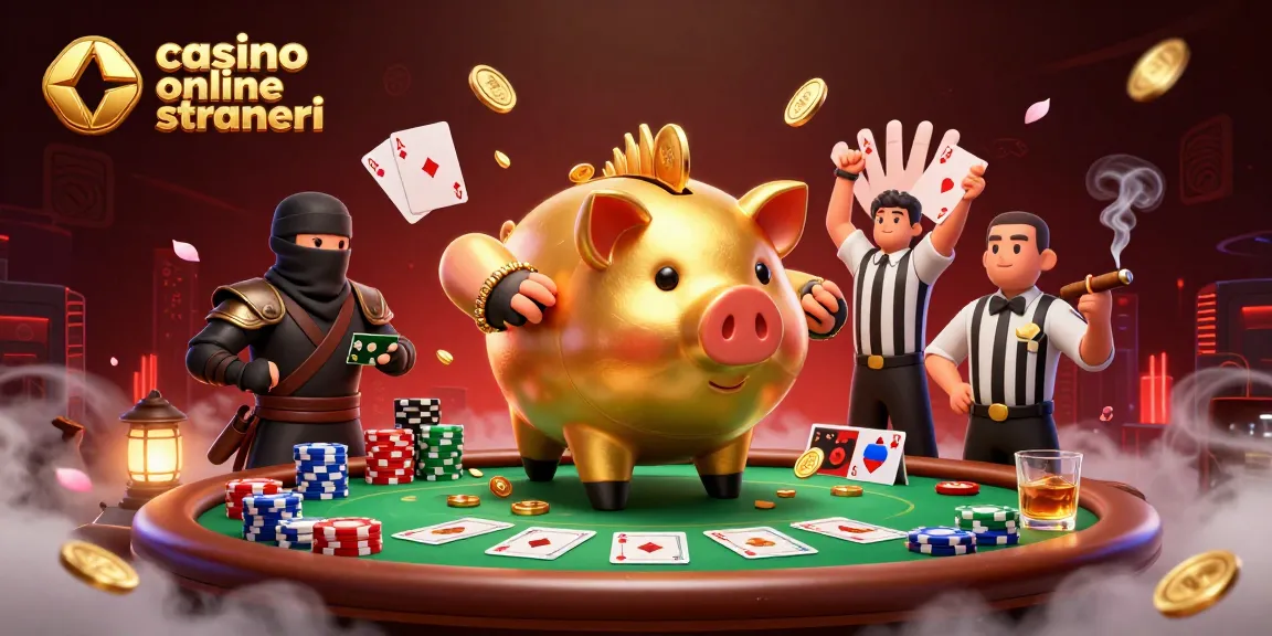 Cattura l'azione nei casino online stranieri con un sumotori in oro e un ninja, mentre giocano a poker.
