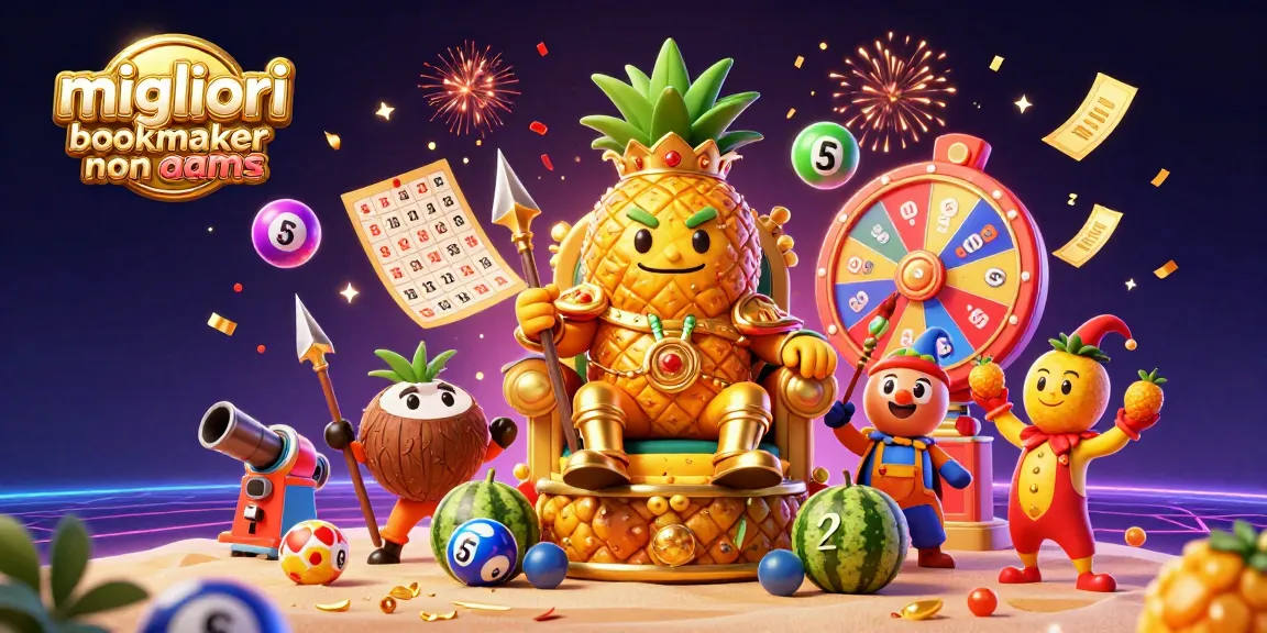 Vivace scena di gioco con i migliori bookmaker non AAMS, dove un re ananas dorato regna su un casinò tropicale circondato da elementi di gioco dinamici.
