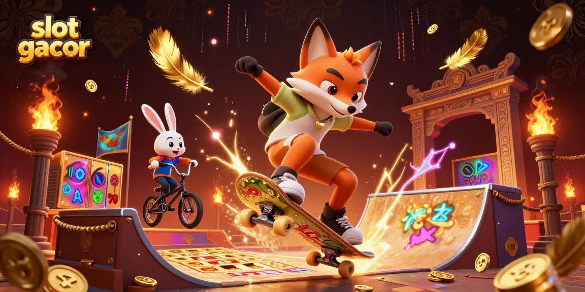 Experience the thrill of slot gacor with a vibrant scene featuring playful characters amid casino symbols.