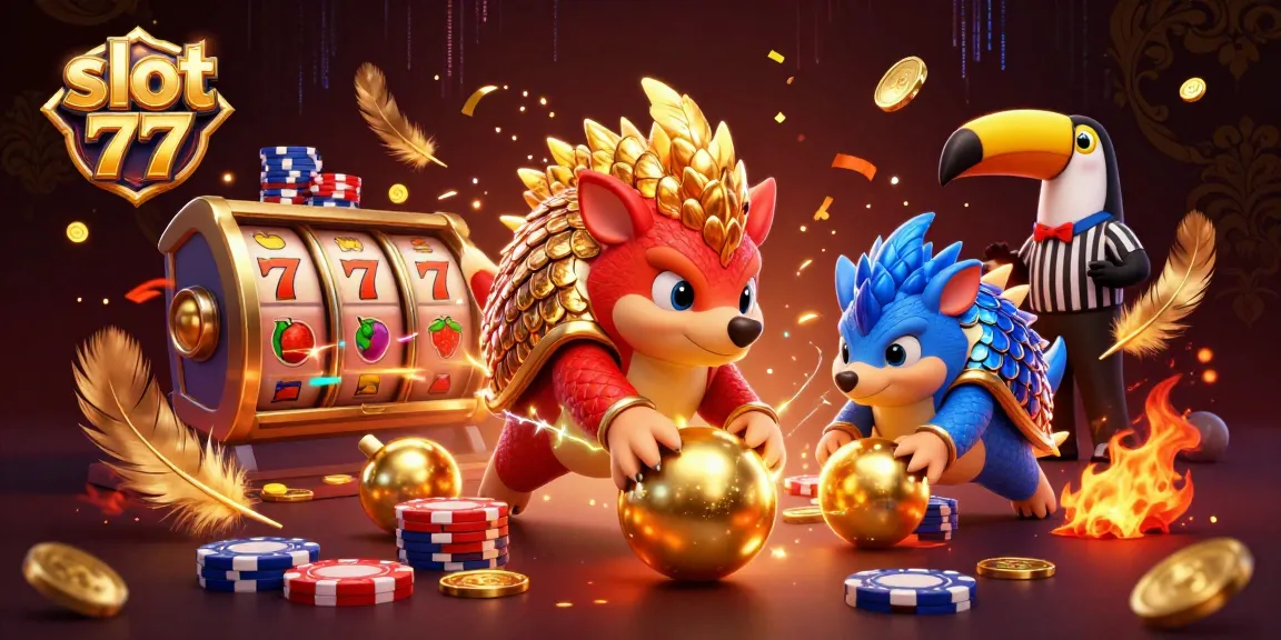 Experience slot 77 action with rival pangolins rolling through golden balls and poker chips.