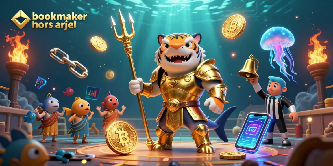 Pariez sur un bookmaker hors ARJEL avec un requin tigre cartoon et des éléments de cryptocurrencies.