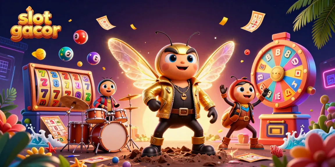 Engaging slot gacor scene featuring a cartoon cicada star, slot reels, and lottery elements in action.