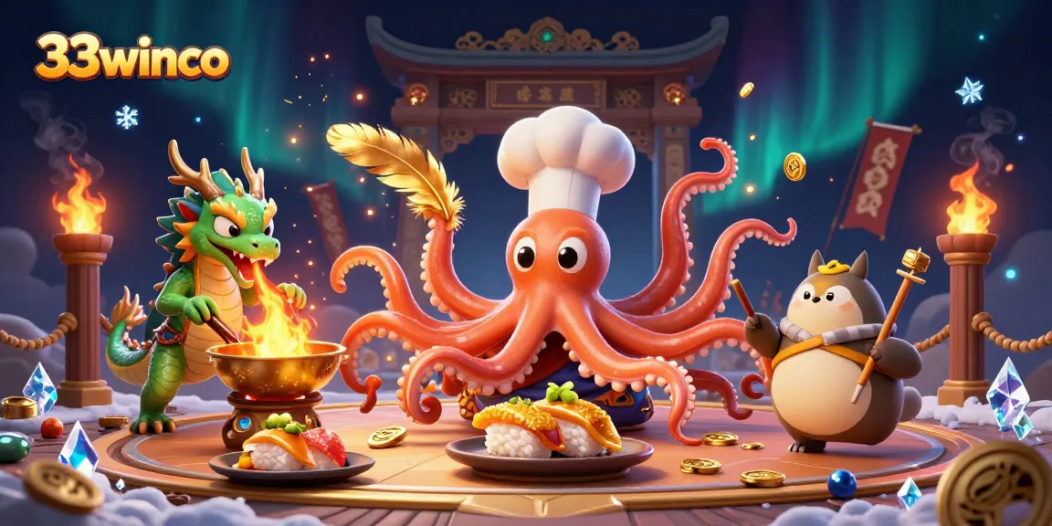 Engage in thrilling gameplay at 33winco with dynamic casino action featuring octopus chef and dragon.