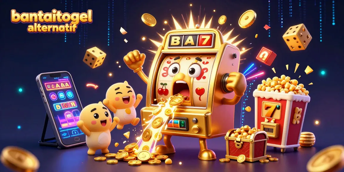 Win big with the bantaitogel alternatif as a golden slot machine celebrates a jackpot amidst exciting casino elements.