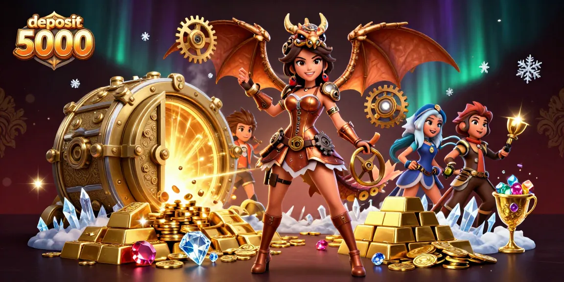 Win big with deposit 5000 offers in this vibrant casino-themed illustration.