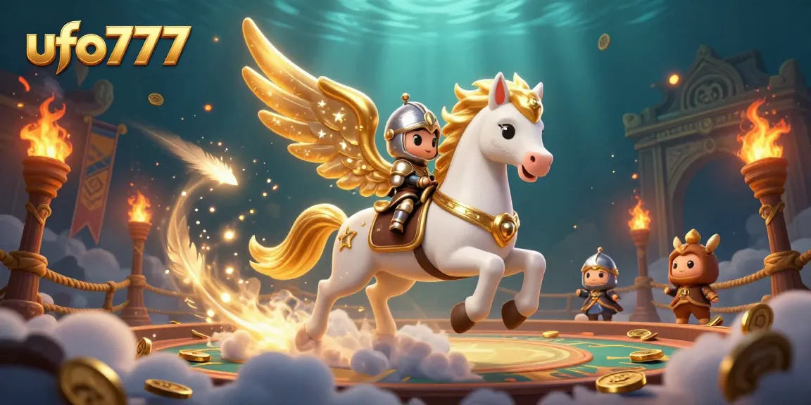 Experience thrilling action with ufo777 as a celestial knight rides a majestic horse in a vibrant casino world.