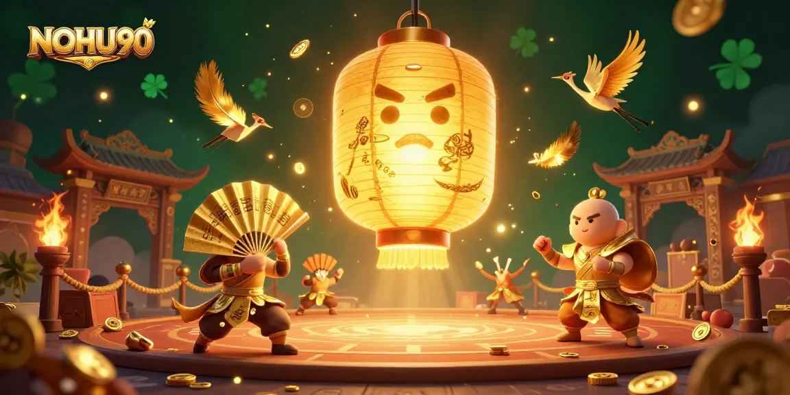 NOHU90 showcases a vibrant casino scene with a golden lantern spirit, fan warriors, and dynamic gaming elements.