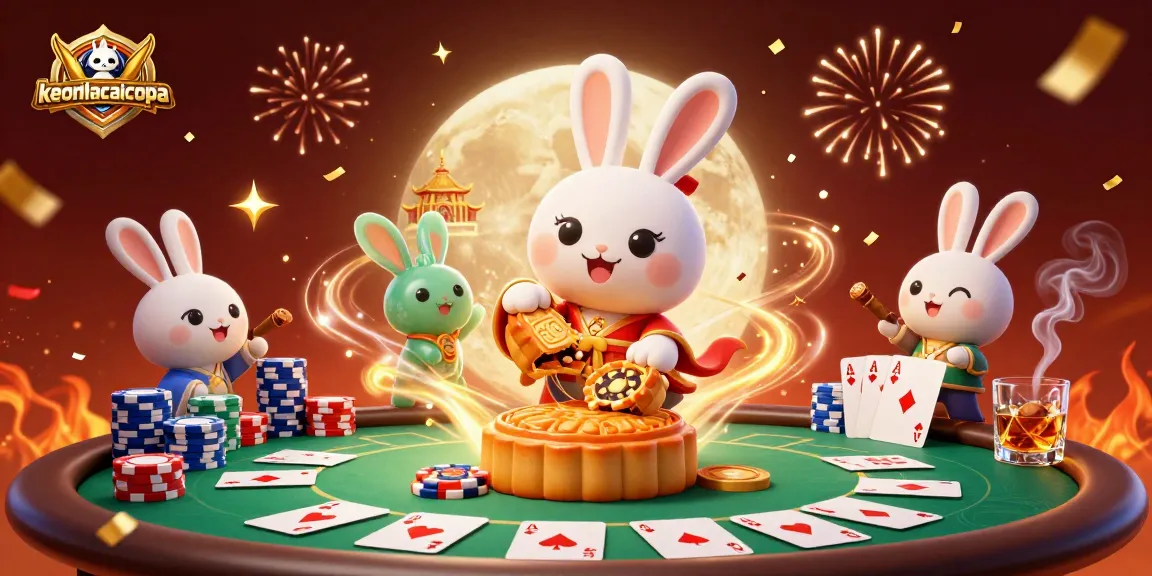Engage with keonhacaicopa’s vibrant scene of fun gambling action with moon rabbits and poker elements.