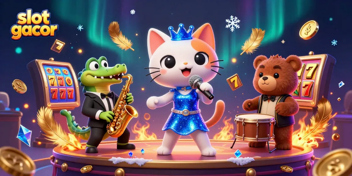 Engage with slot gacor excitement in a vibrant 3D casino scene full of musical characters and gaming elements.