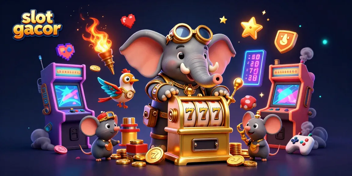 Spin the vibrant slot gacor with a steampunk elephant engineer, vibrant arcade elements surrounding.
