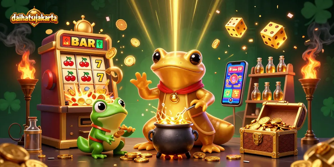 Engage in a thrilling experience with the daihatsujakarta online casino, featuring a vibrant 3D illustration of golden treasure.
