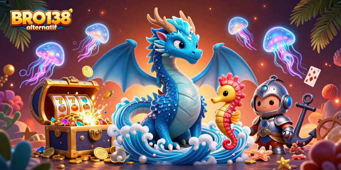 Experience the thrill of BRO138 alternatif with a vibrant scene filled with slot reels, gold treasures, and a dragon character.