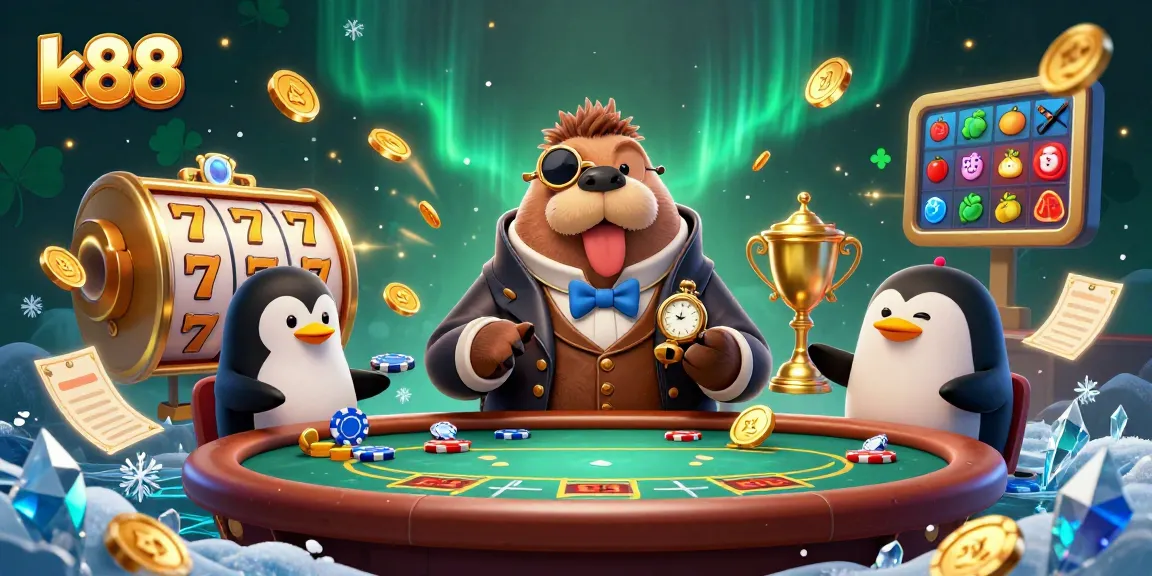 Engage in k88 gaming with a playful underwater poker scene featuring a walrus and friends.