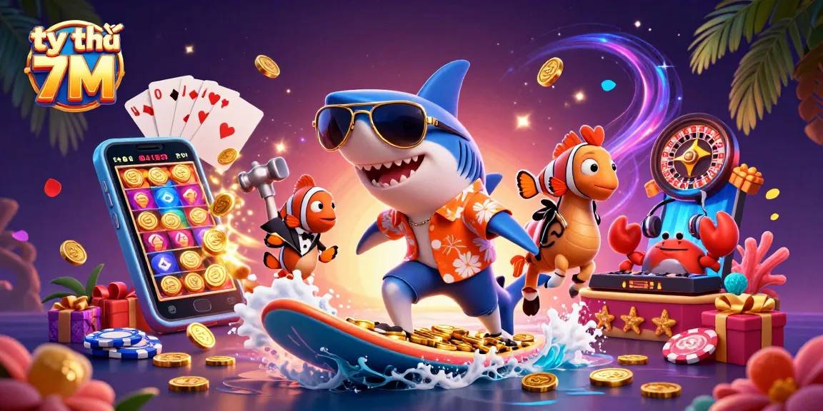 Experience the thrilling tỷ lệ 7M with dynamic characters and casino elements in a vibrant illustration.