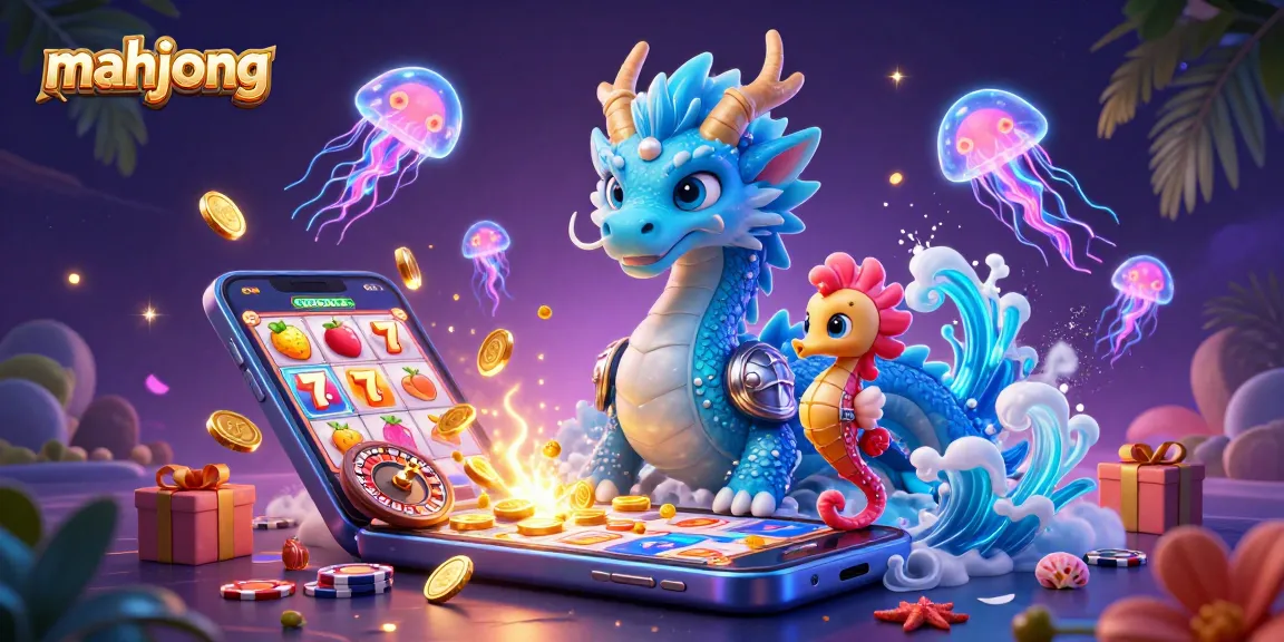 Play mahjong and enjoy vibrant gaming action with a dragon and glowing jellyfish in 3D.