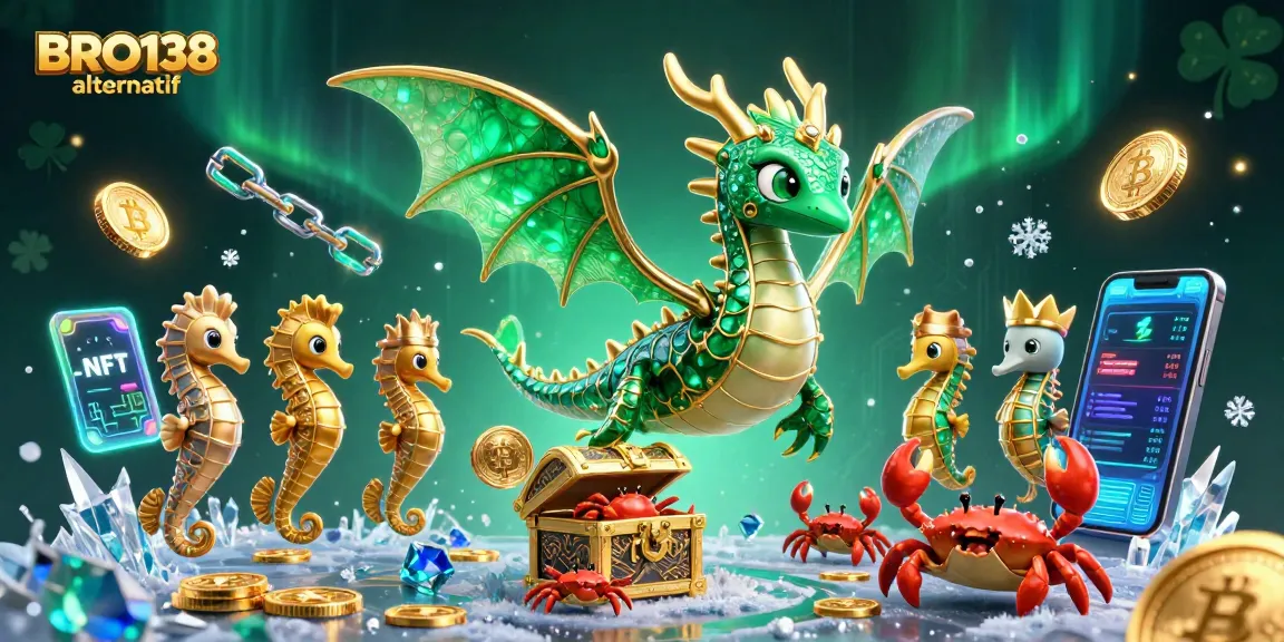 Experience thrilling gameplay at BRO138 alternatif with vivid 3D illustrations of slot gaming elements and crypto motifs.